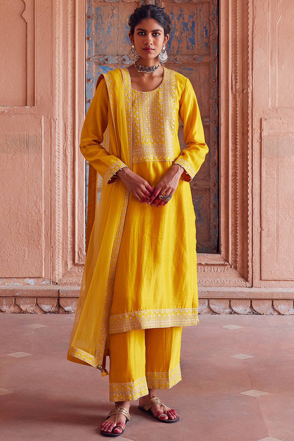 Embroidered Yellow Chanderi Silk Kurta Set - Auraya Fashion - Seema Nanda - 