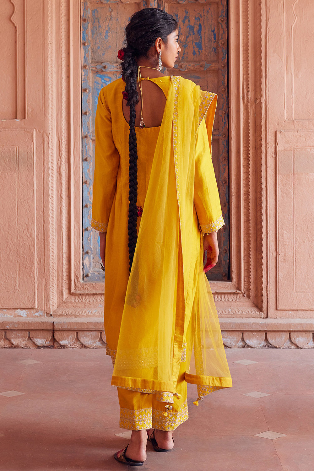 Embroidered Yellow Chanderi Silk Kurta Set - Auraya Fashion 