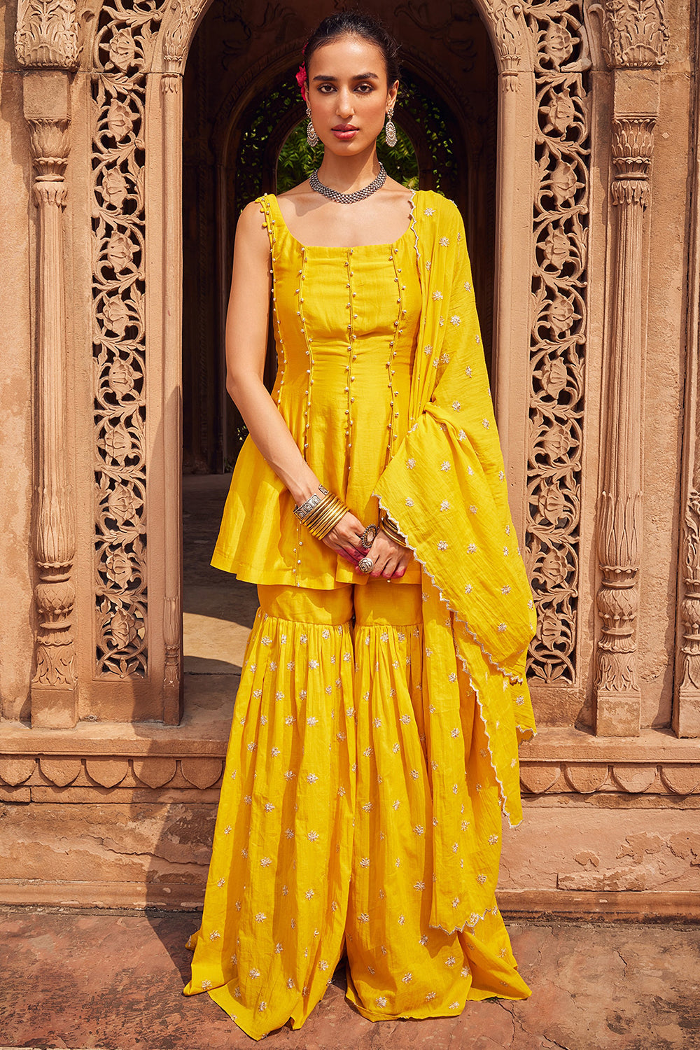 Embroidered Yellow Cotton Mul Sharara Set - Auraya Fashion - Seema Nanda - 