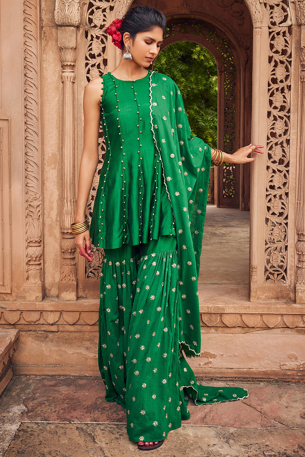 Embroidered Green Cotton Mul Sharara Set - Auraya Fashion - Seema Nanda - 