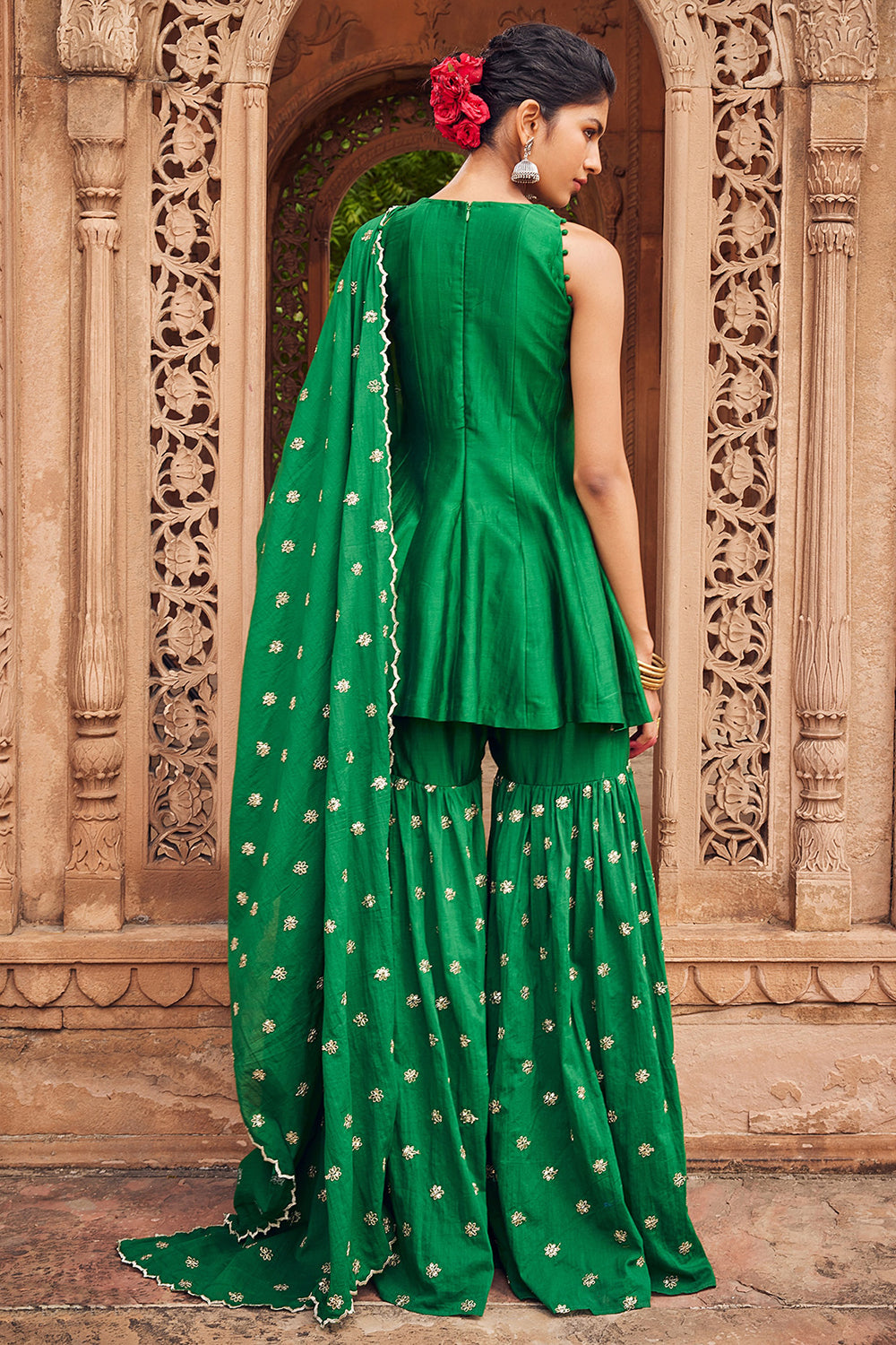 Embroidered Green Cotton Mul Sharara Set - Auraya Fashion 