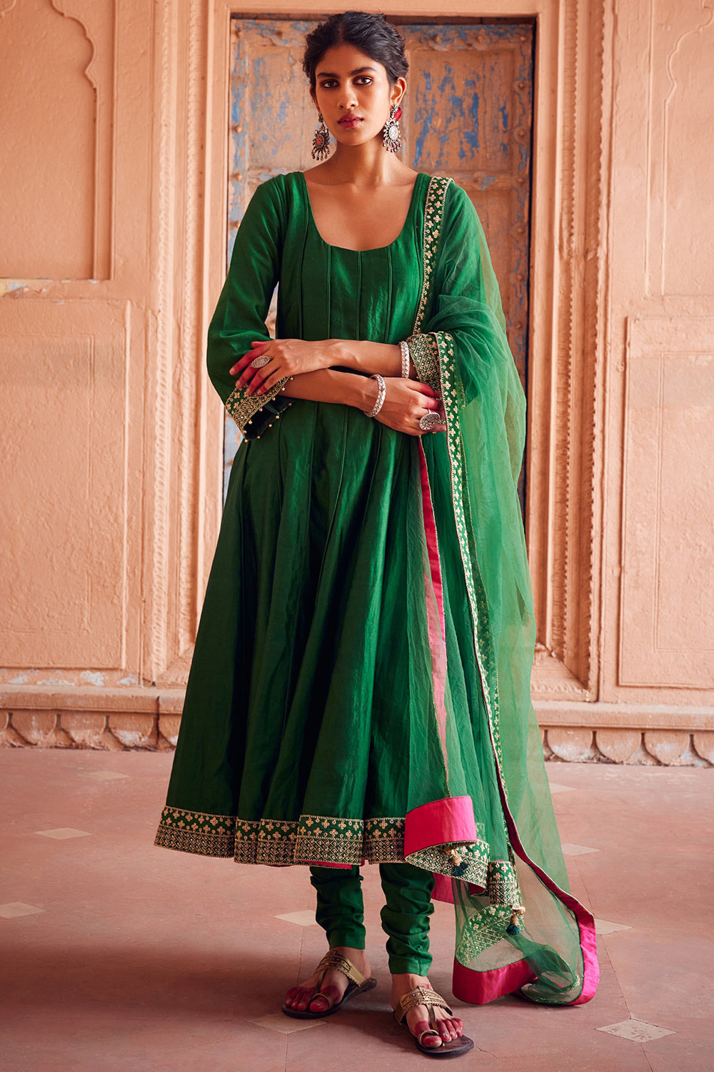 Embroidered Kalidar Green Chanderi Silk Kurta Set - Auraya Fashion - Seema Nanda - 