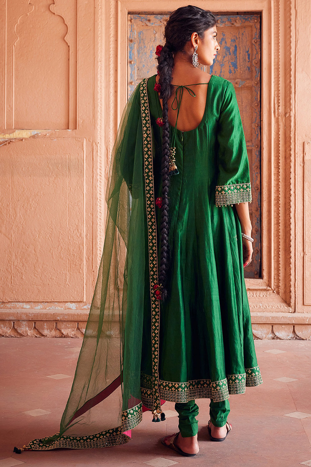 Embroidered Kalidar Green Chanderi Silk Kurta Set - Auraya Fashion 