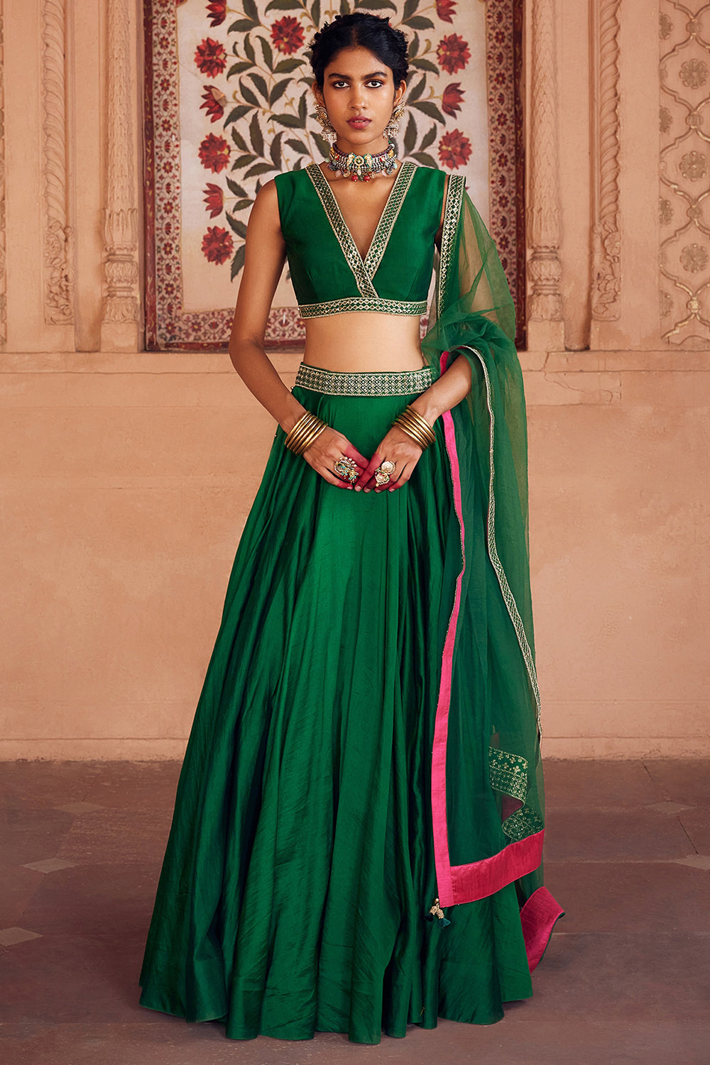 Embroidered Lehenga Green Chanderi Silk Set - Auraya Fashion - Seema Nanda - 