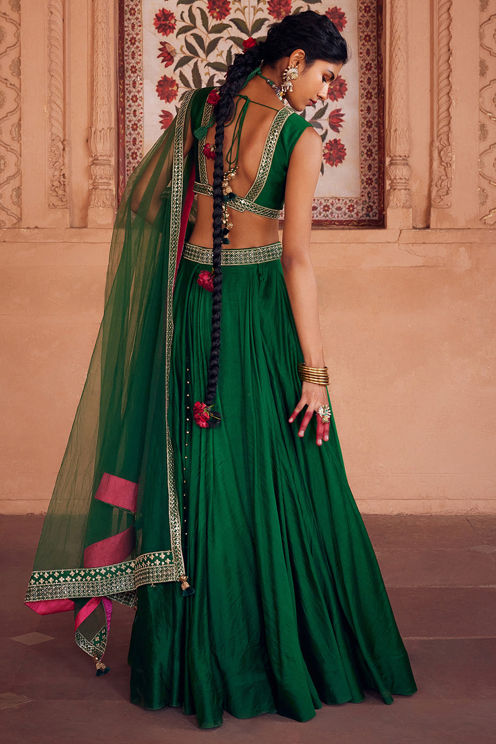 Embroidered Lehenga Green Chanderi Silk Set - Auraya Fashion 