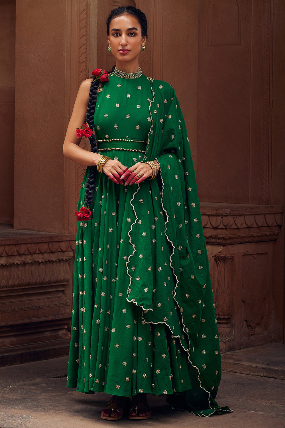 Embroidered Kalidar Green Cotton Mul Kurta Set - Auraya Fashion - Seema Nanda - 