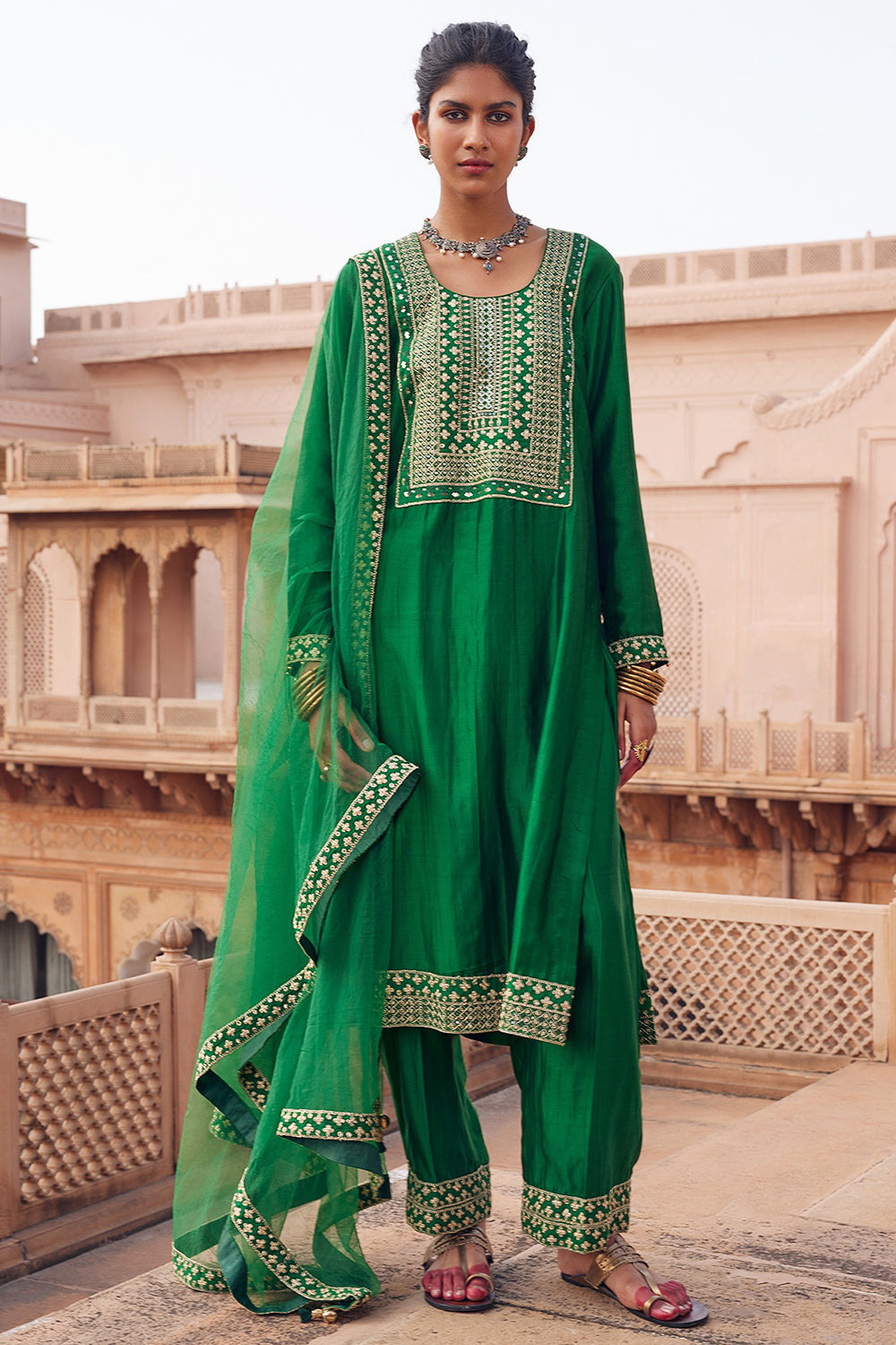 Embroidered Green Chanderi Silk Kurta Set - Auraya Fashion - Seema Nanda - 