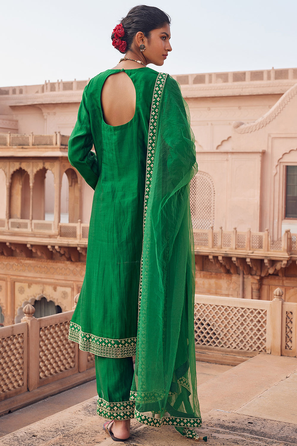 Embroidered Green Chanderi Silk Kurta Set - Auraya Fashion 