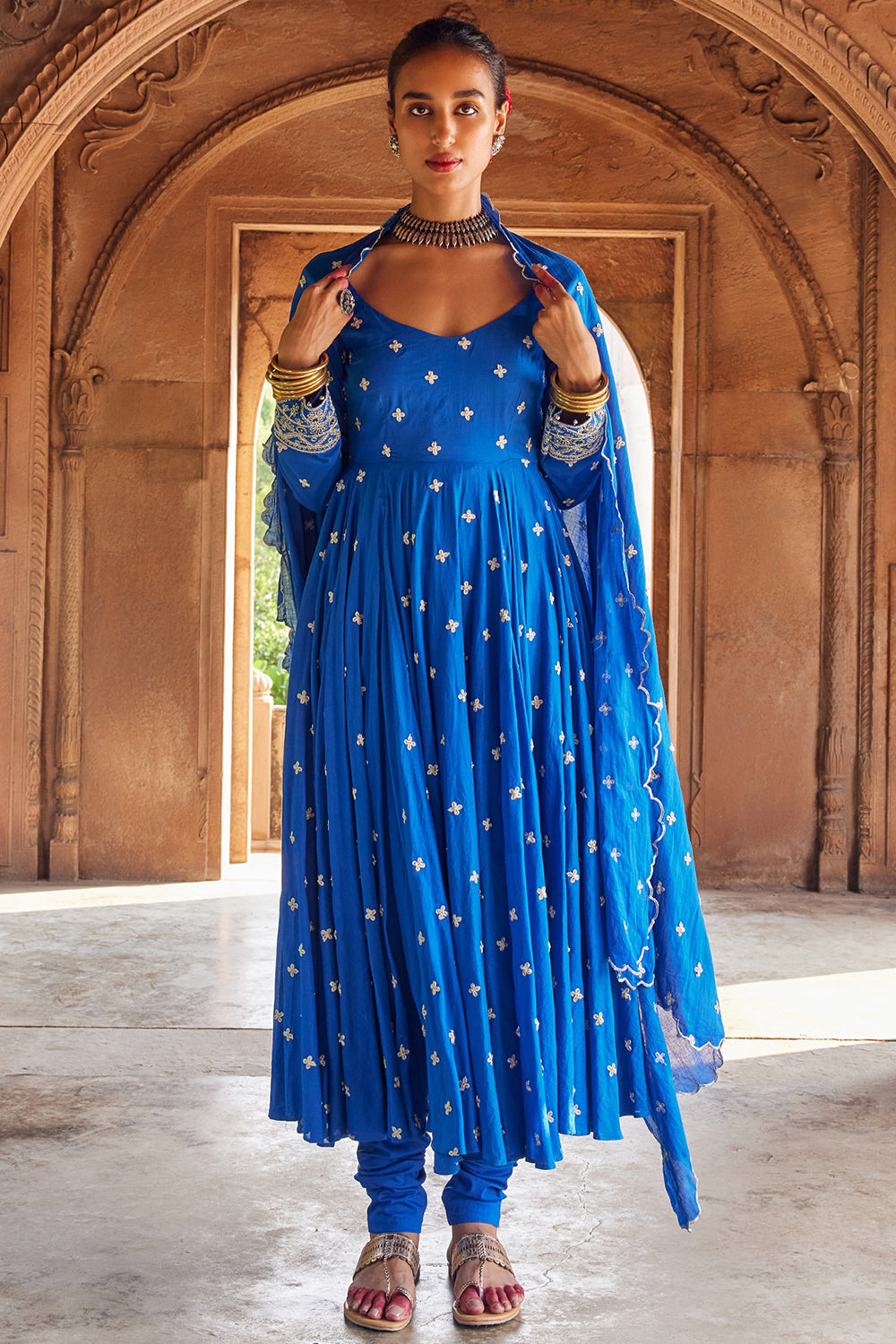 Embroidered Kurta Electric Blue Cotton Mul Set - Auraya Fashion - Seema Nanda - 