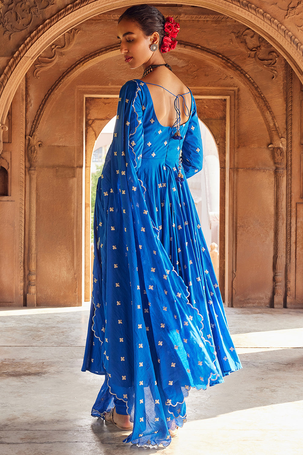 Embroidered Kurta Electric Blue Cotton Mul Set - Auraya Fashion 