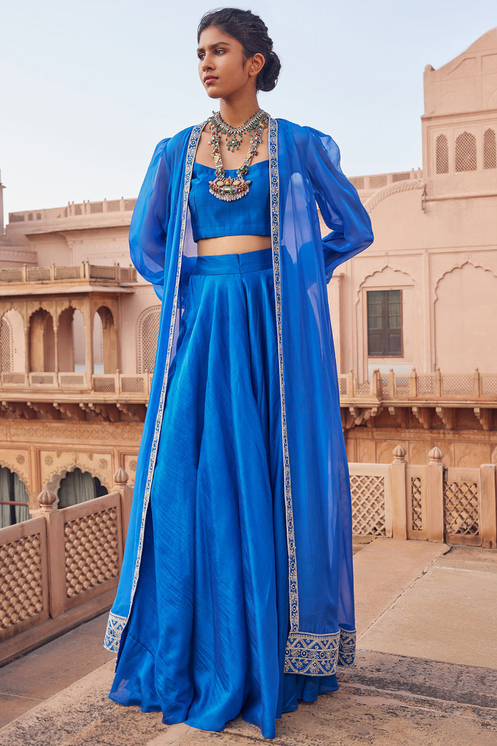 Embroidered Electric Blue Chanderi Silk Co-Ord Set - Auraya Fashion - Seema Nanda - 