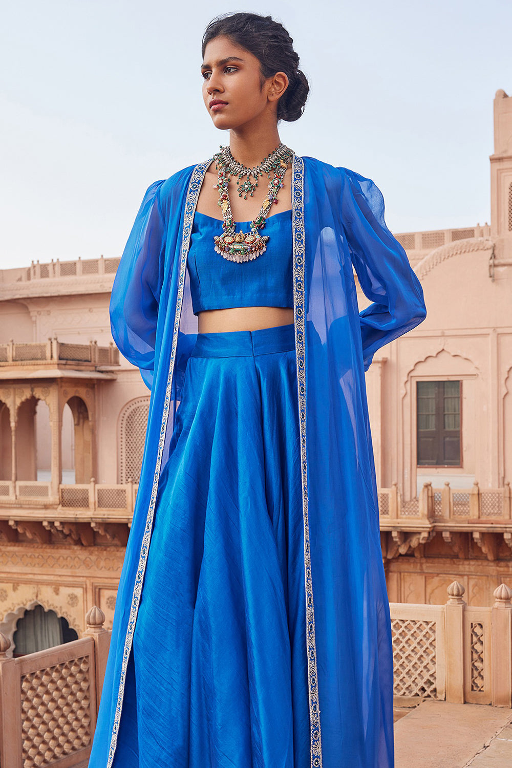 Embroidered Electric Blue Chanderi Silk Co-Ord Set - Auraya Fashion 
