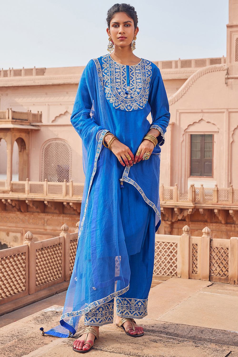 Embroidered Electric Blue Chanderi Silk Kurta Set - Auraya Fashion - Seema Nanda - 