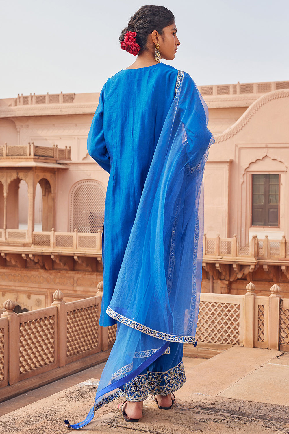 Embroidered Electric Blue Chanderi Silk Kurta Set - Auraya Fashion 