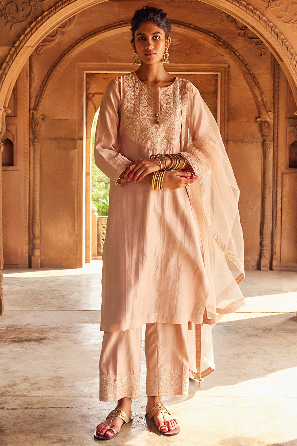 Embroidered Pale Pink Chanderi Silk Kurta Set - Auraya Fashion - Seema Nanda - 