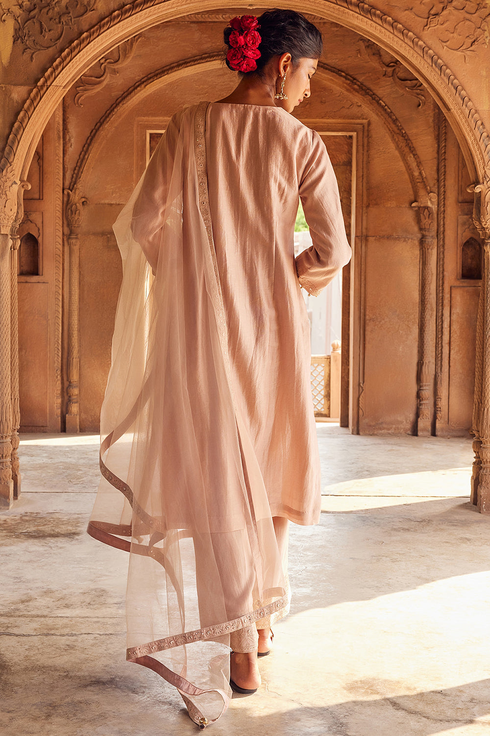 Embroidered Pale Pink Chanderi Silk Kurta Set - Auraya Fashion 