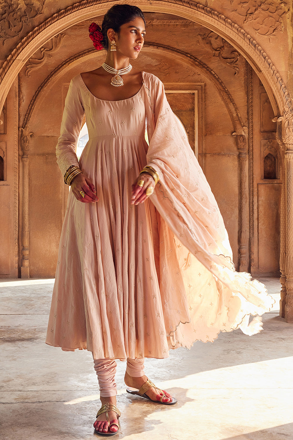 Embroidered Kalidar Pale Pink Cotton Mul Anarkali Set - Auraya Fashion - Seema Nanda - 