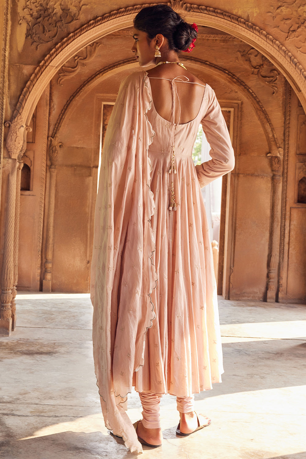 Embroidered Kalidar Pale Pink Cotton Mul Anarkali Set - Auraya Fashion 