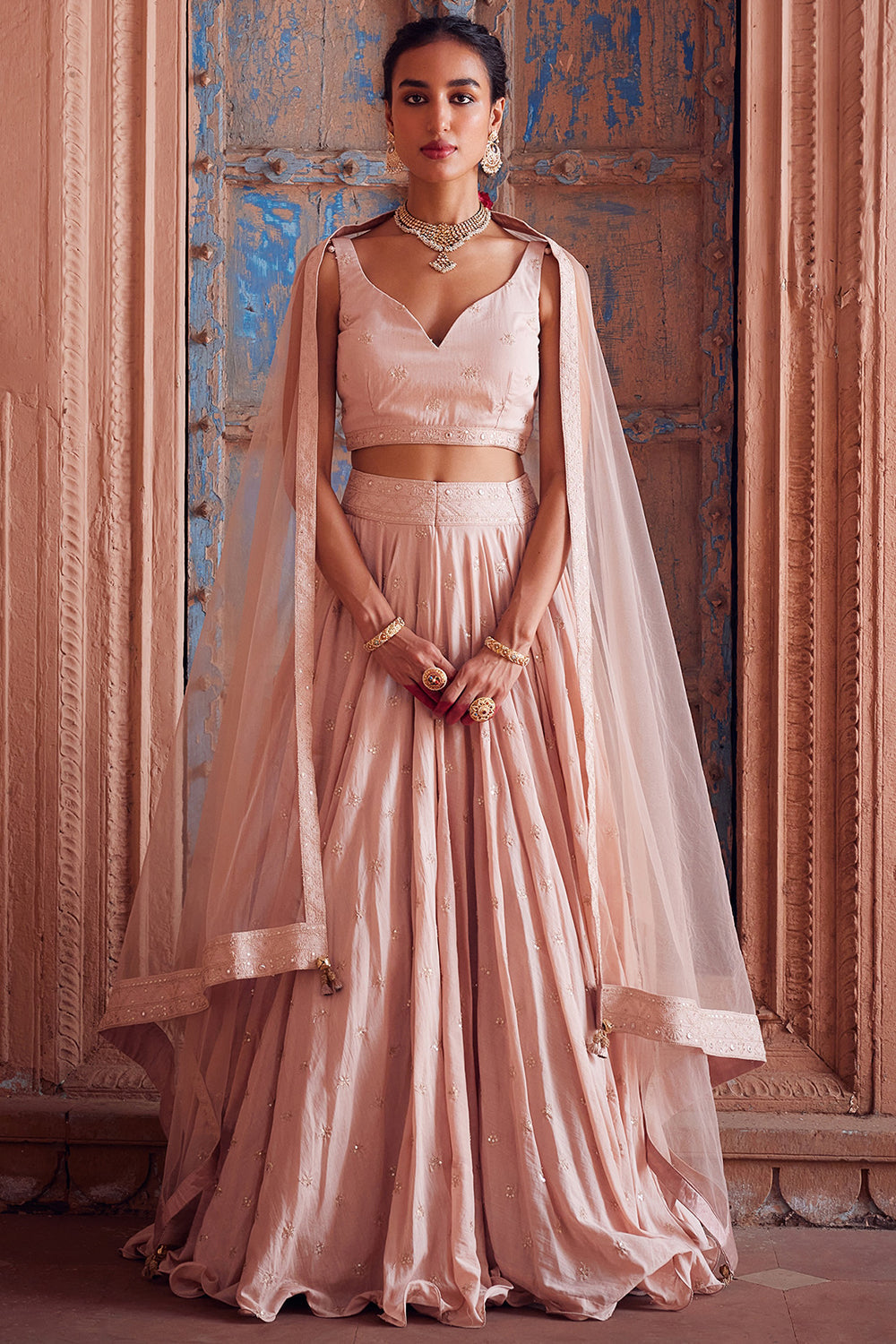 Embroidered Lehenga Pale Pink Cotton Mul Set - Auraya Fashion - Seema Nanda - 