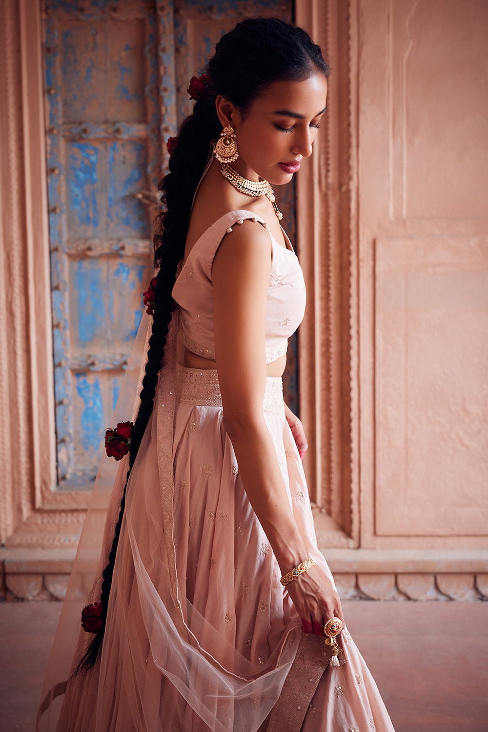 Embroidered Lehenga Pale Pink Cotton Mul Set - Auraya Fashion 