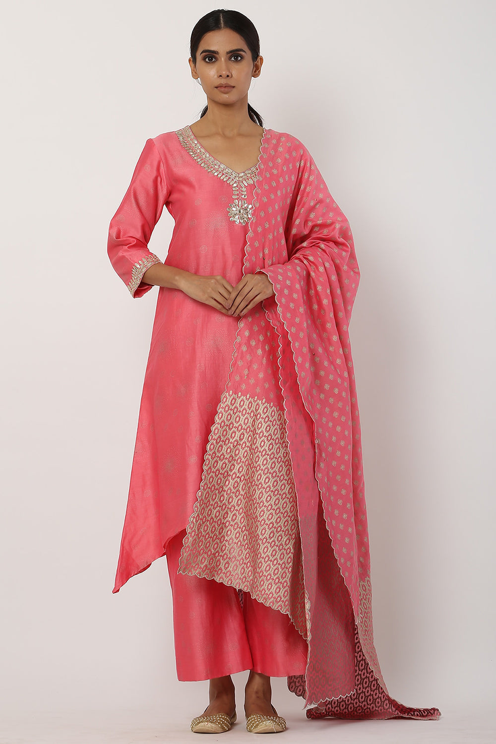 Asymmetrical Peach Kurta Set - Auraya Fashion - Seema Nanda - 