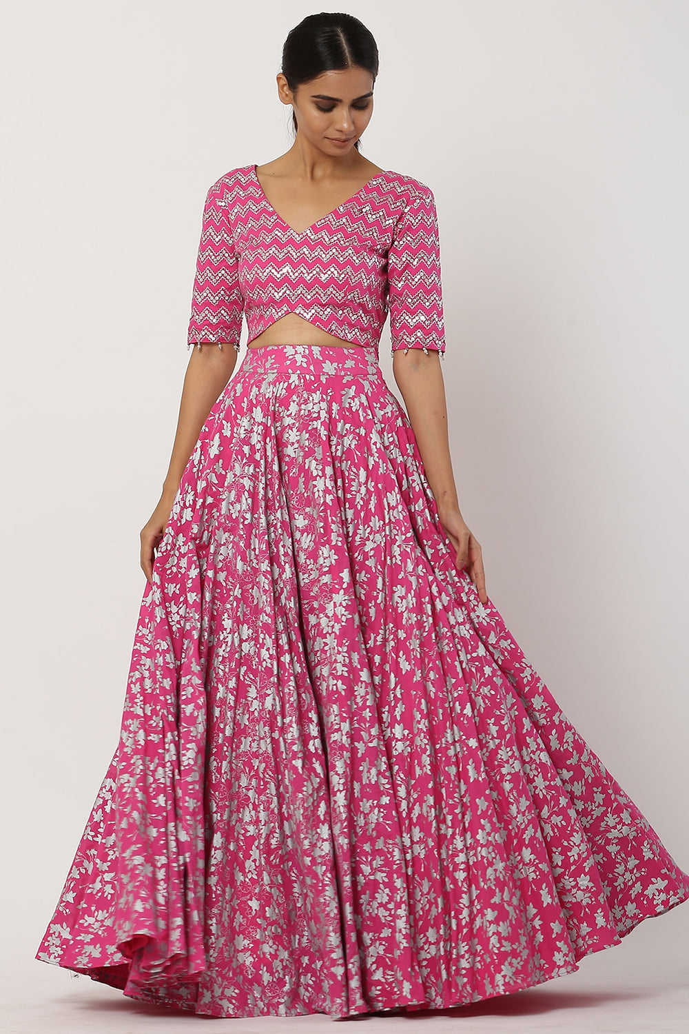 High-Waisted Rani Pink Lehenga Set - Auraya Fashion 