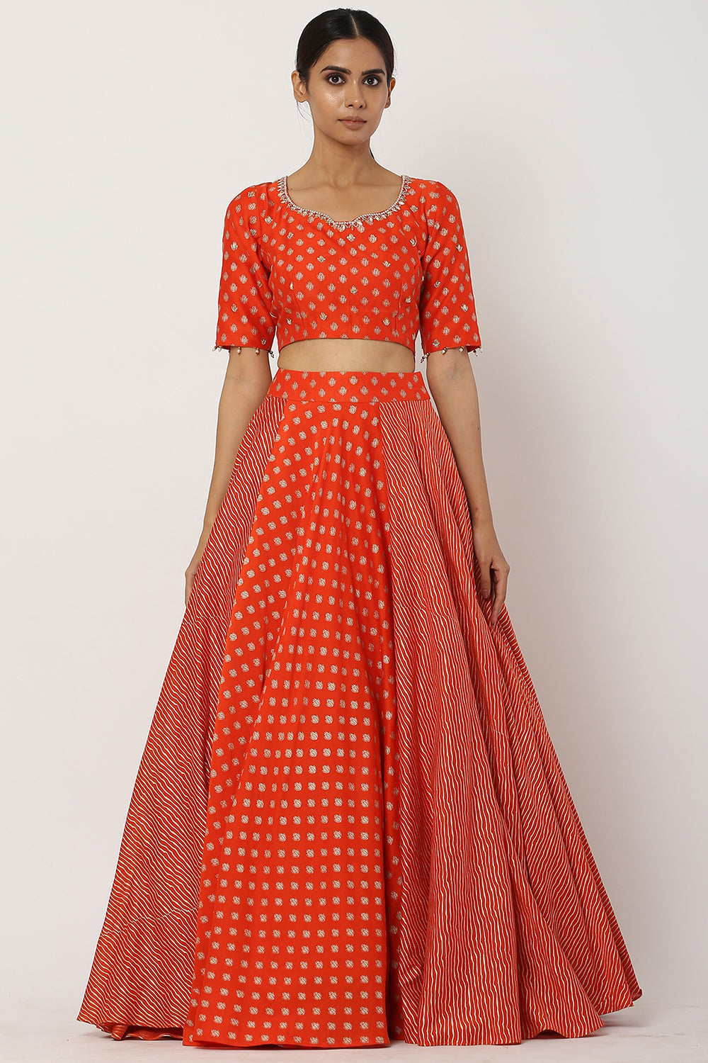 Chanderi Silk Tomato Red Lehenga Set - Auraya Fashion 