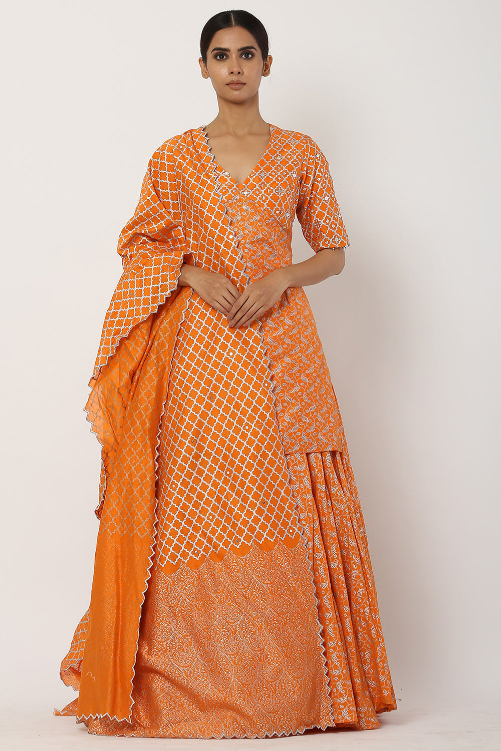 Chanderi Silk Orange Kurta Set - Auraya Fashion - Seema Nanda - 