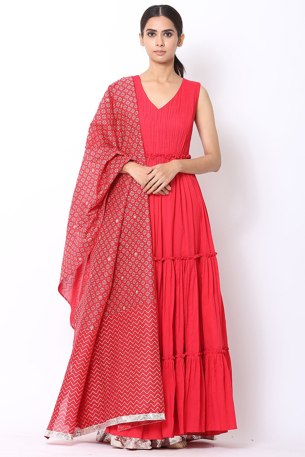 Tiered Red Kalidar Anarkali Set - Auraya Fashion - Seema Nanda - 