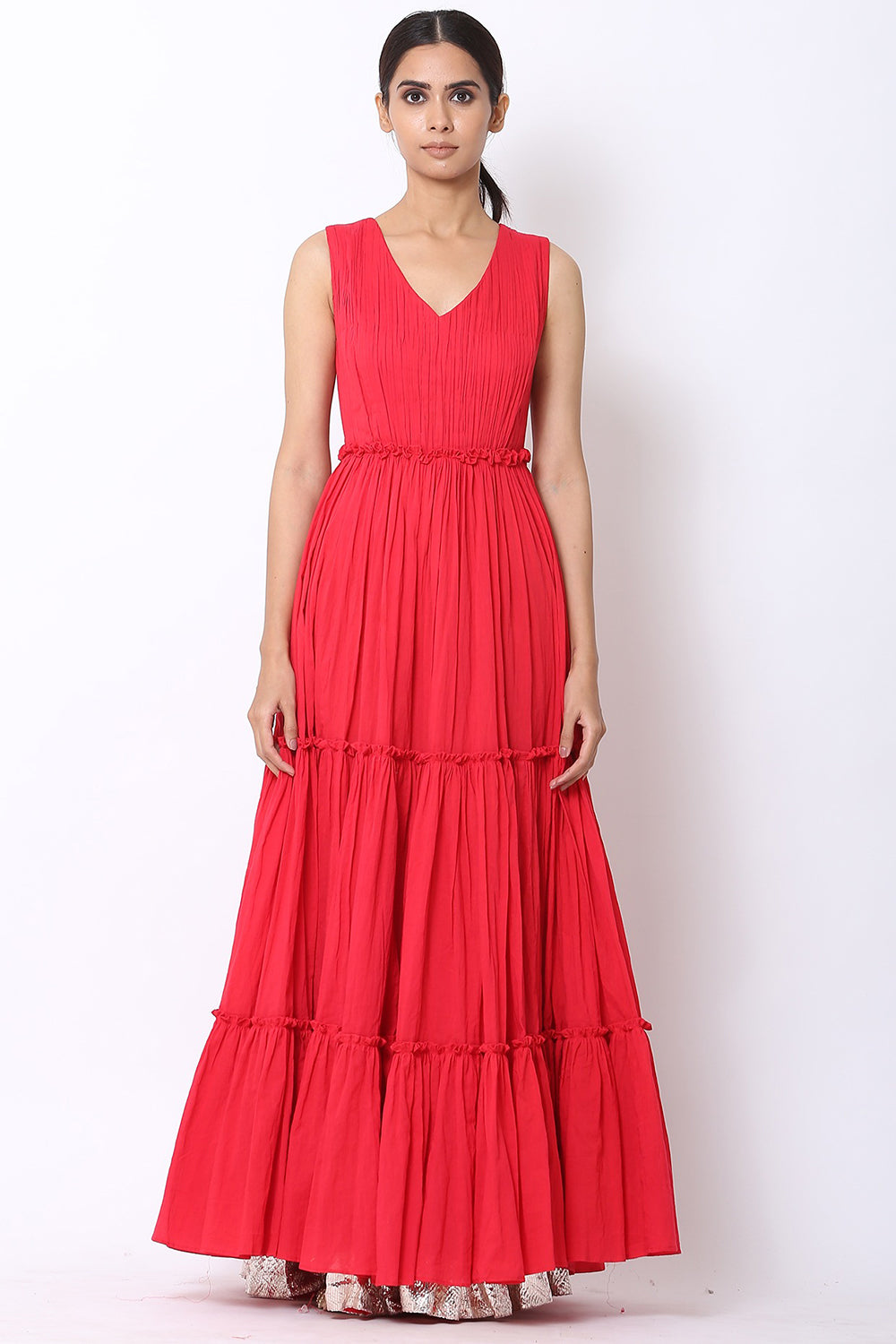 Tiered Red Kalidar Anarkali Set - Auraya Fashion 
