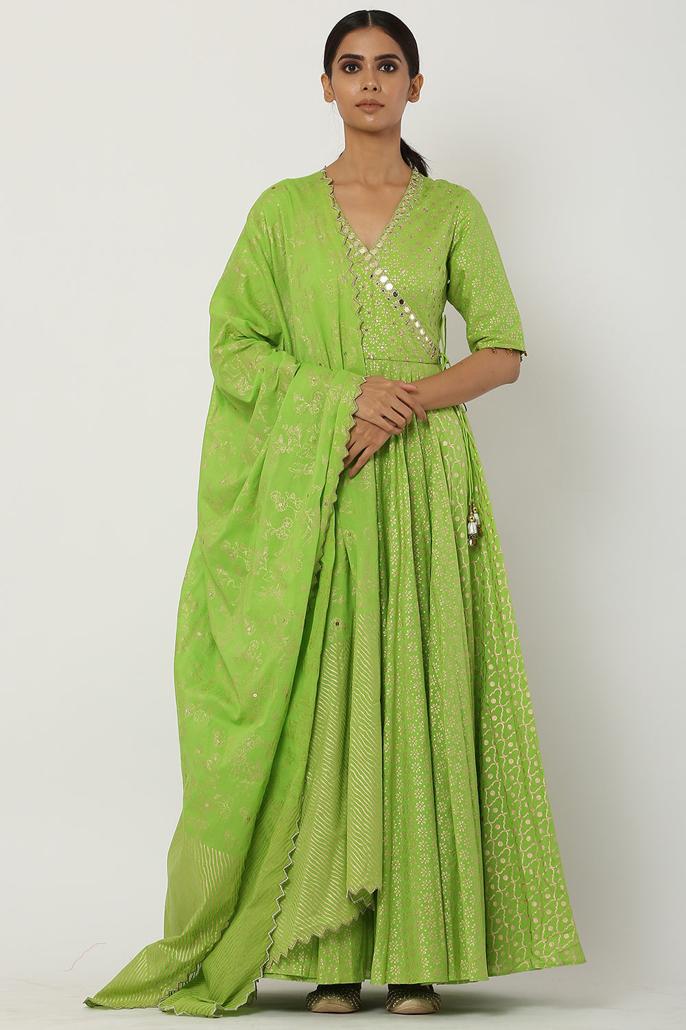 Overlapped Bright Green Kalidar Anarkali Set - Auraya Fashion - Seema Nanda - 