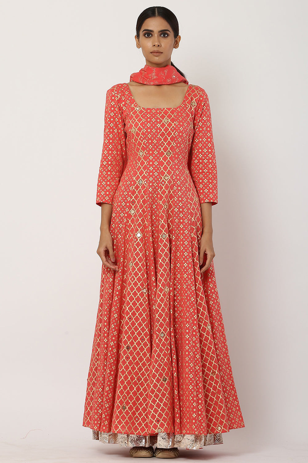 Paneled Dark Peach Kalidar Anarkali Set - Auraya Fashion 