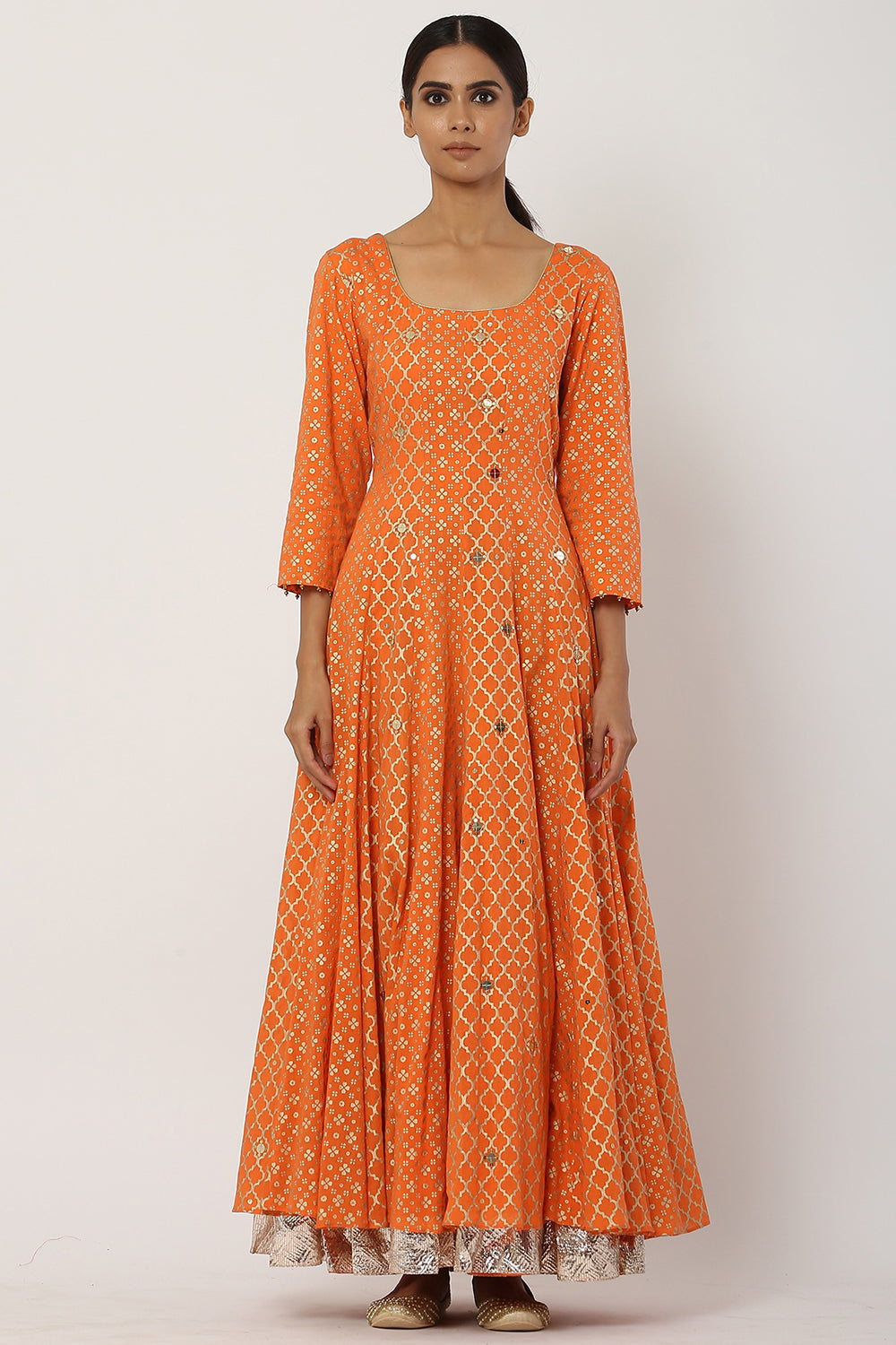 Paneled Orange Kalidar Anarkali Set - Auraya Fashion 