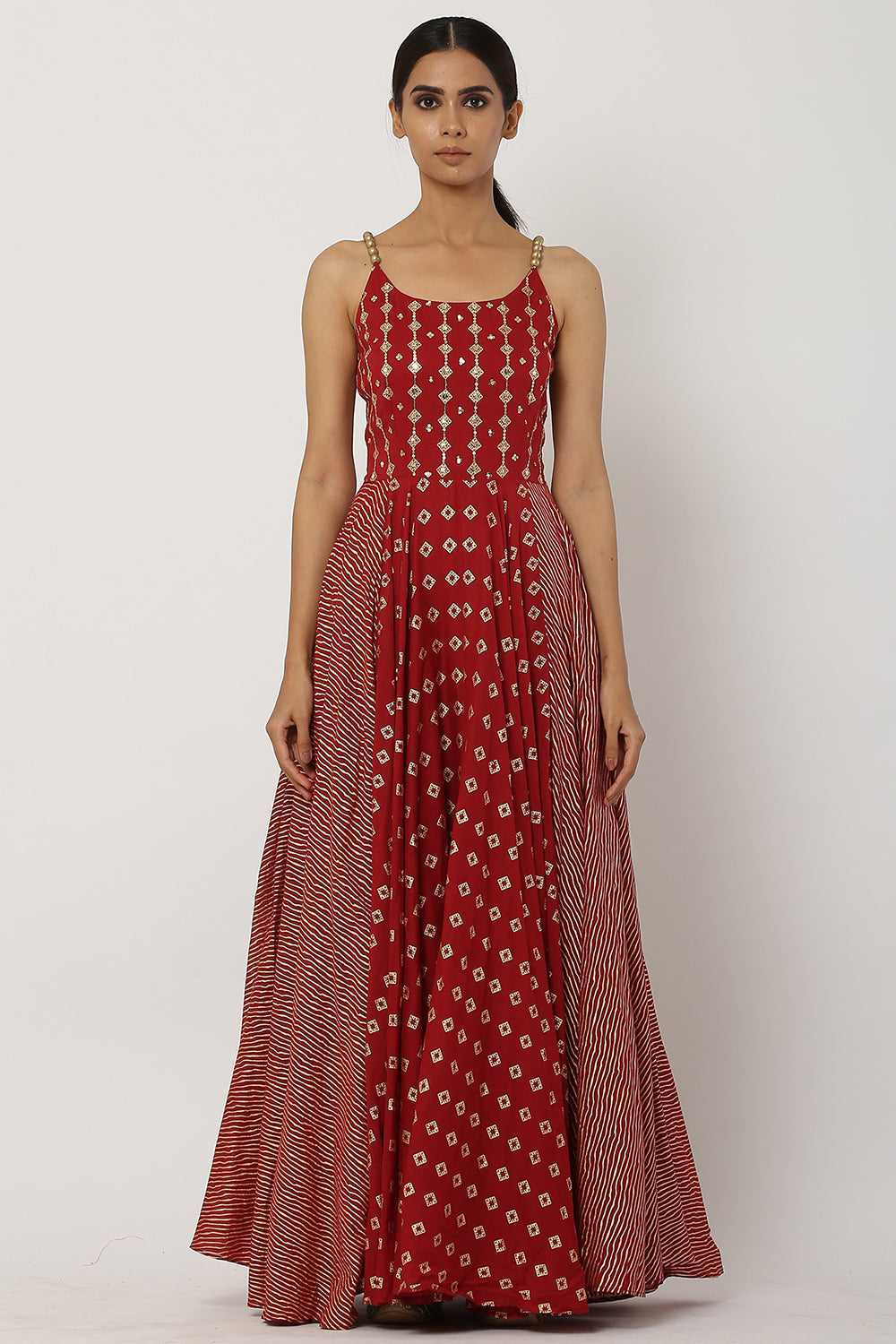 Kalidar Deep Red Anarkali Set - Auraya Fashion 