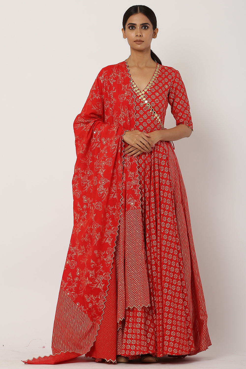 Overlapped Red Kalidar Anarkali Set - Auraya Fashion - Seema Nanda - 