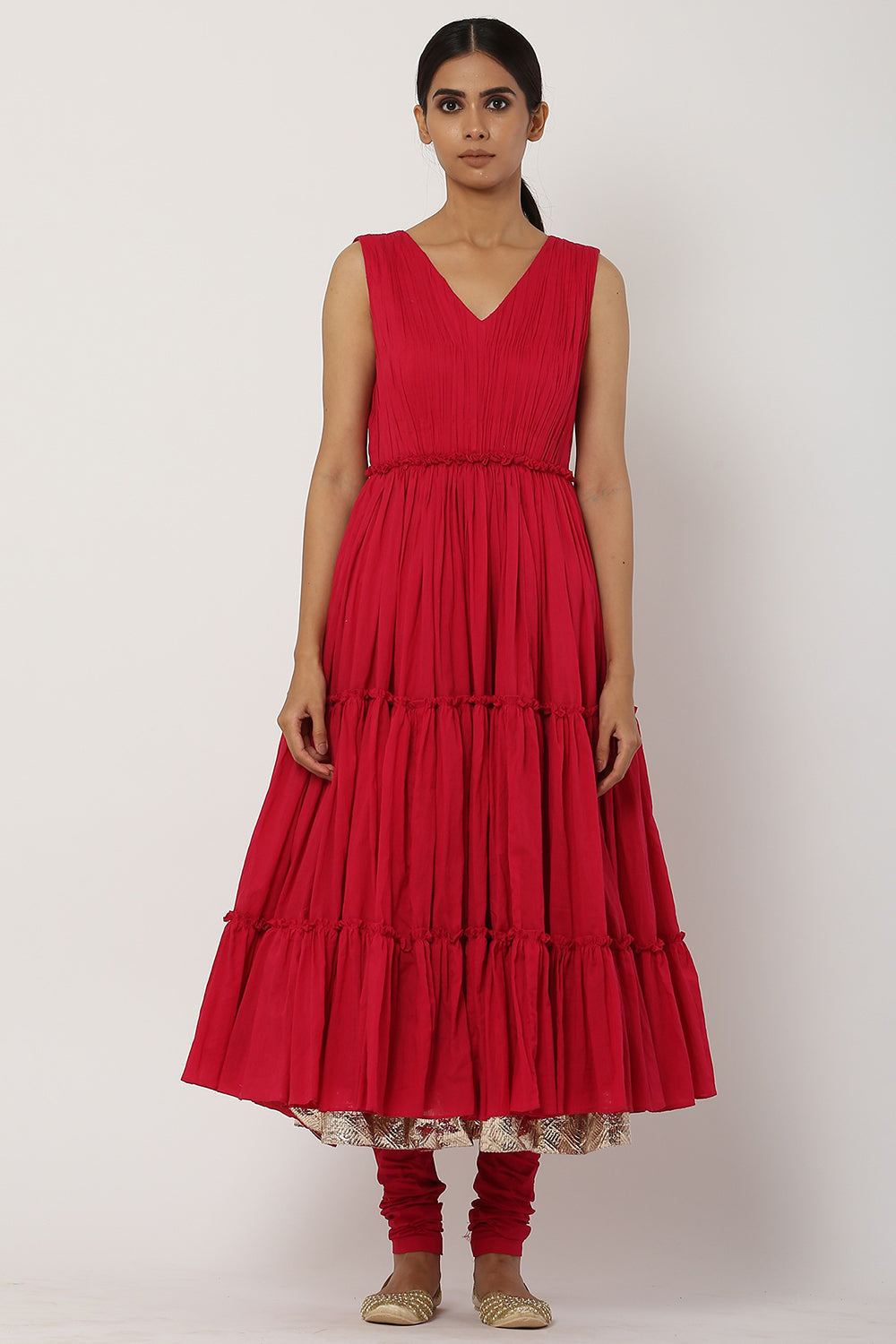 Tiered Red Kalidar Anarkali Set With Belt - Auraya Fashion 
