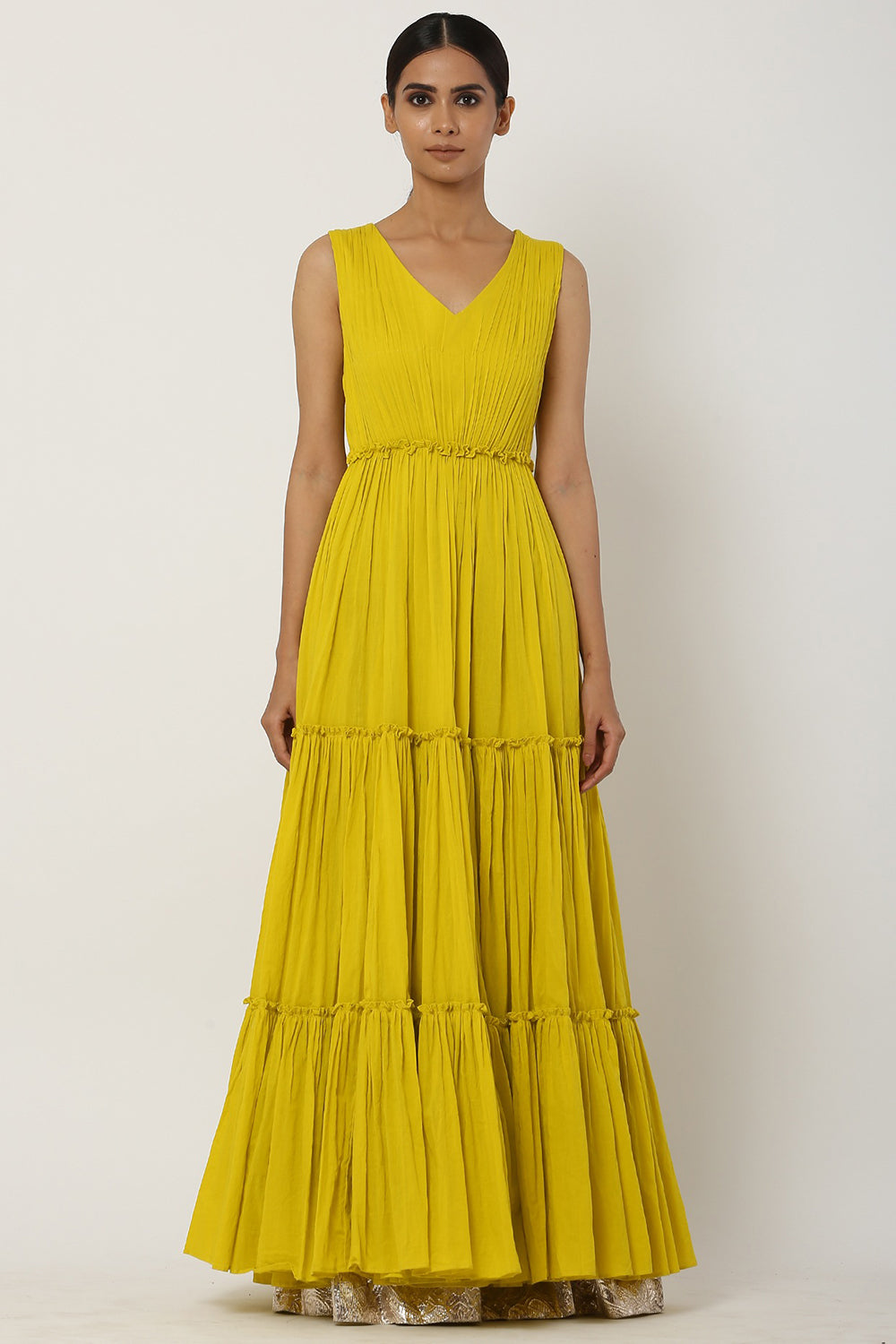 Tiered Yellow Kalidar Anarkali Set - Auraya Fashion 