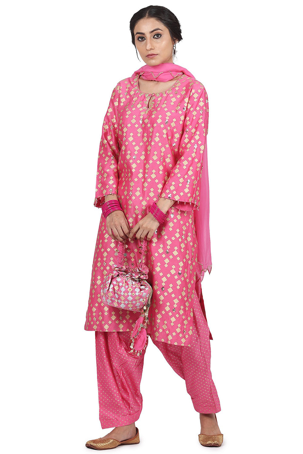 Chanderi Silk Printed Pink Kurta Set - Auraya Fashion - Seema Nanda - 