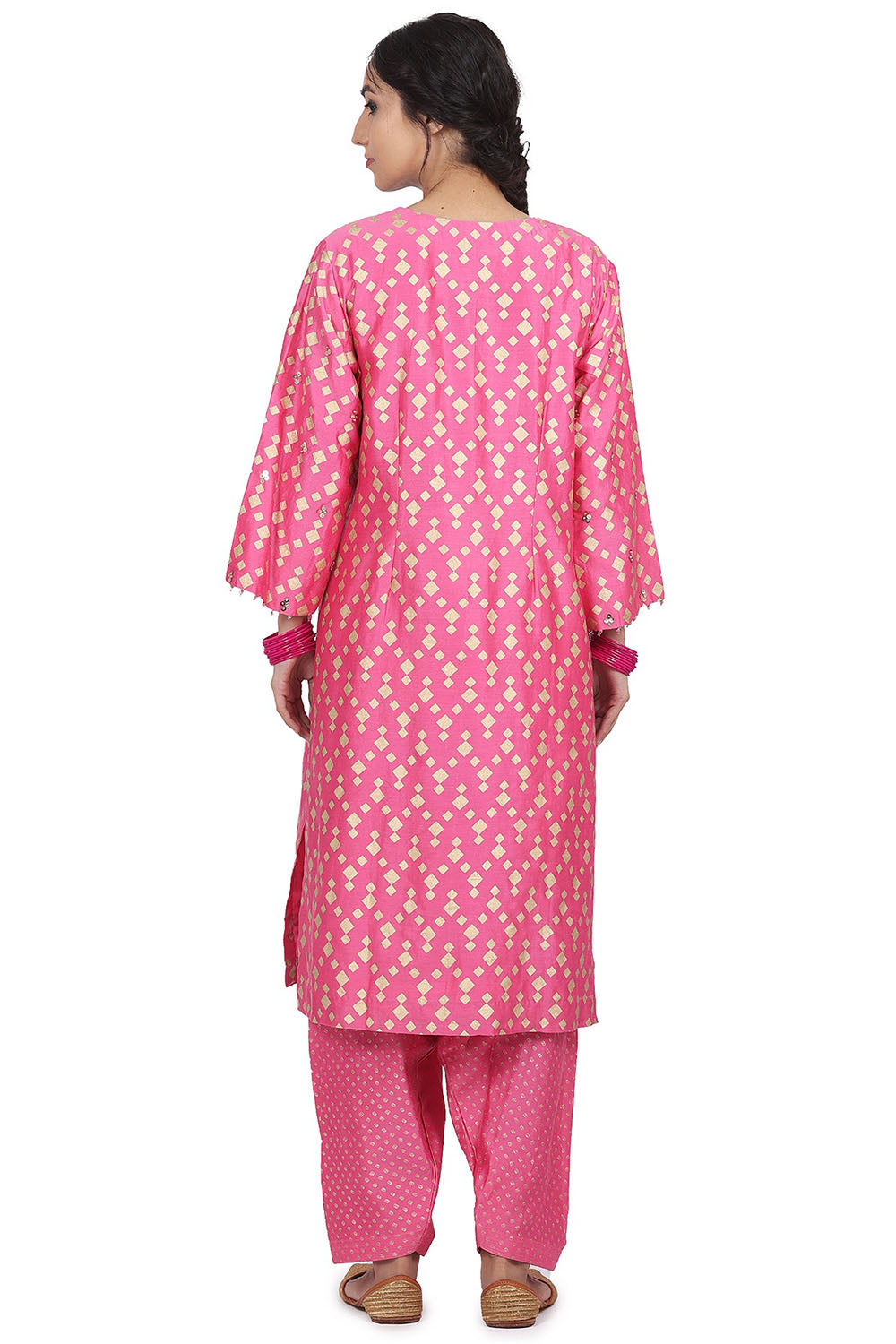 Chanderi Silk Printed Pink Kurta Set - Auraya Fashion 