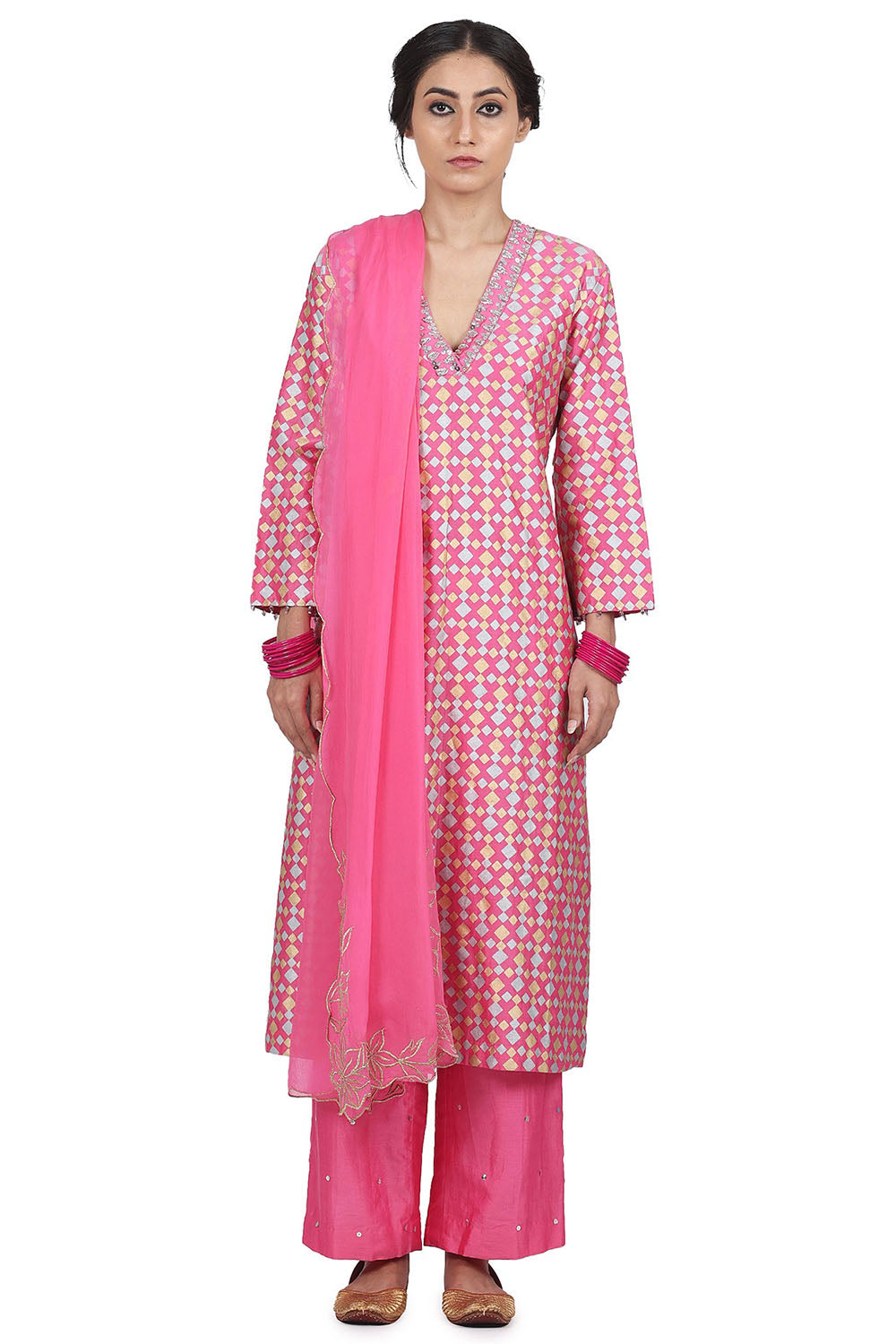 Embroidered & Printed Pink Kurta Set - Auraya Fashion - Seema Nanda - 