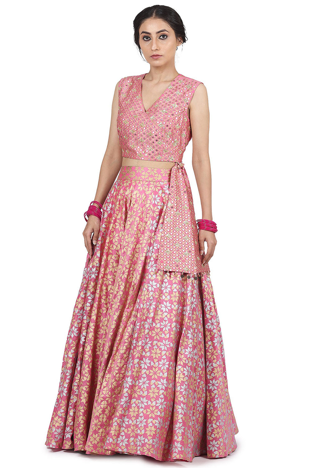 Embroidered & Printed Pink Lehenga Set - Auraya Fashion - Seema Nanda - 