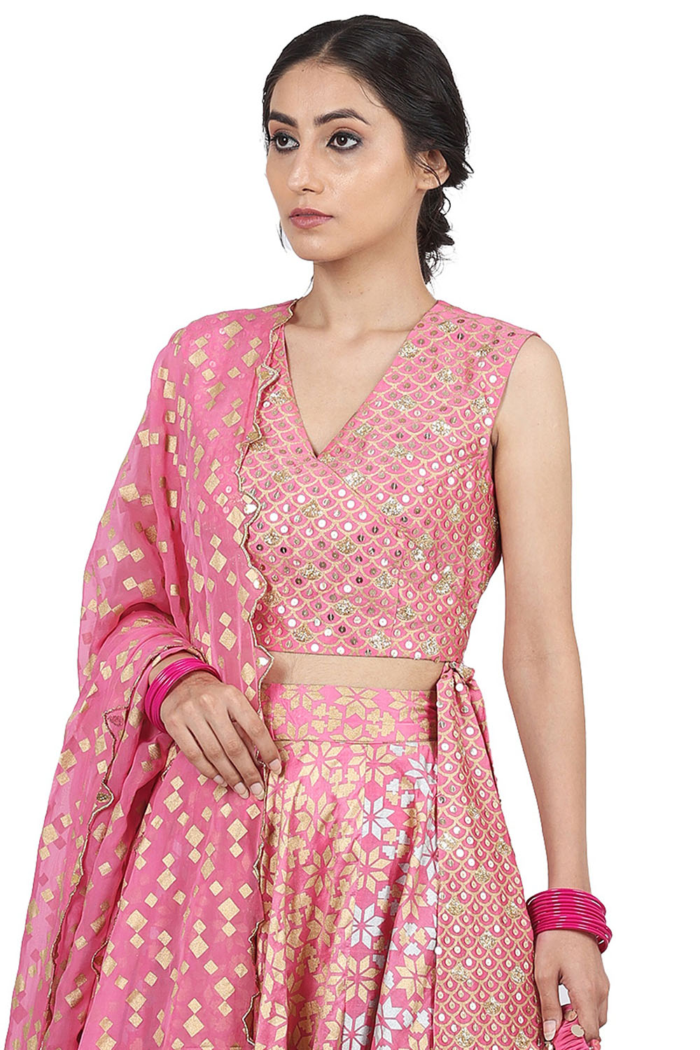 Embroidered & Printed Pink Lehenga Set - Auraya Fashion 