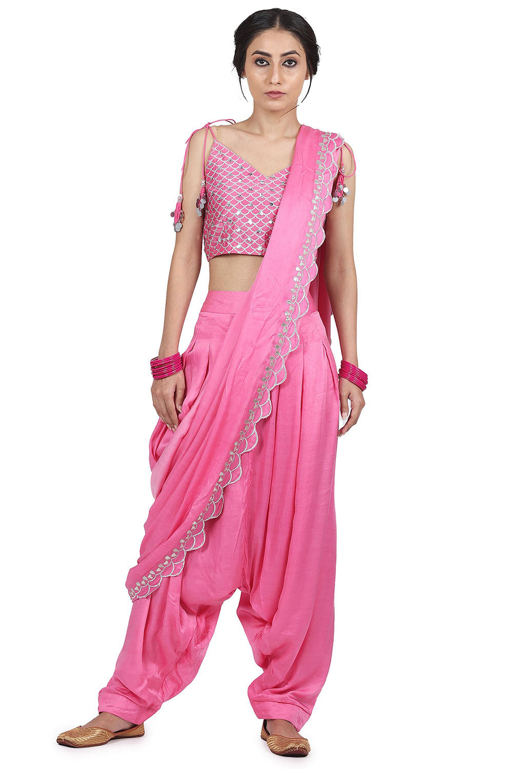 Embroidered Pant Saree Pink Set - Auraya Fashion - Seema Nanda - 