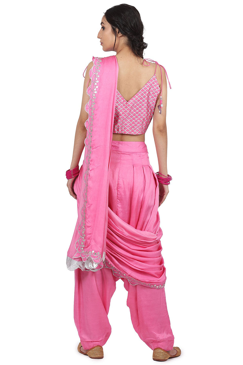 Embroidered Pant Saree Pink Set - Auraya Fashion 