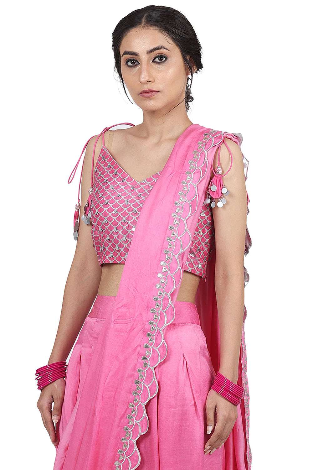 Embroidered Pant Saree Pink Set - Auraya Fashion 