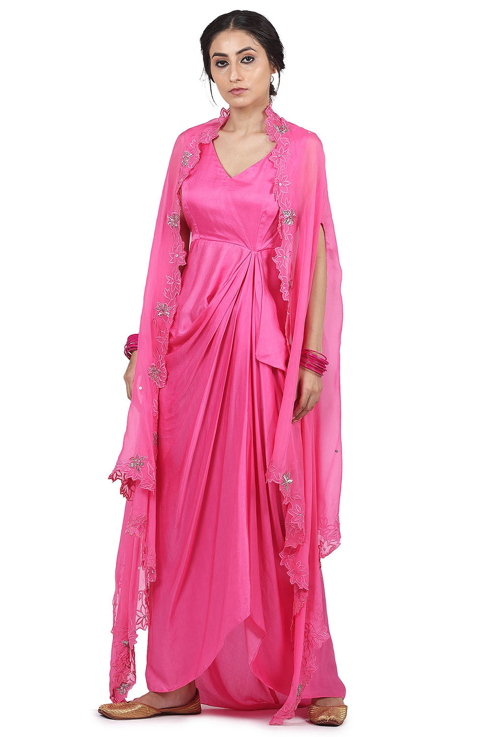 Satin Cape Pink Dress With - Auraya Fashion - Seema Nanda - 