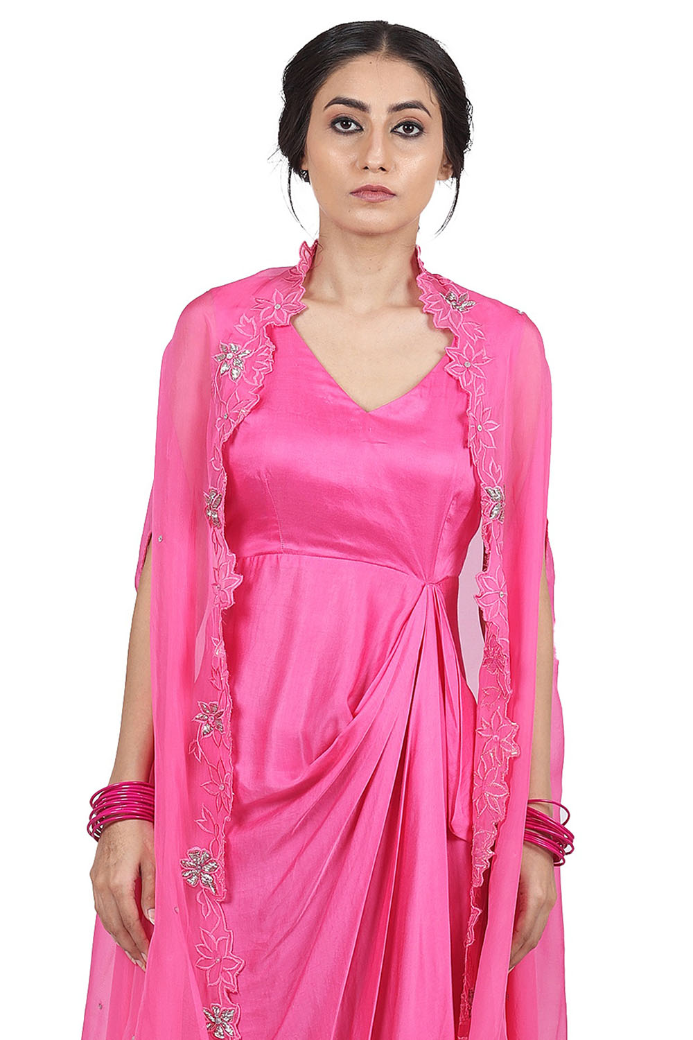 Satin Cape Pink Dress With - Auraya Fashion 