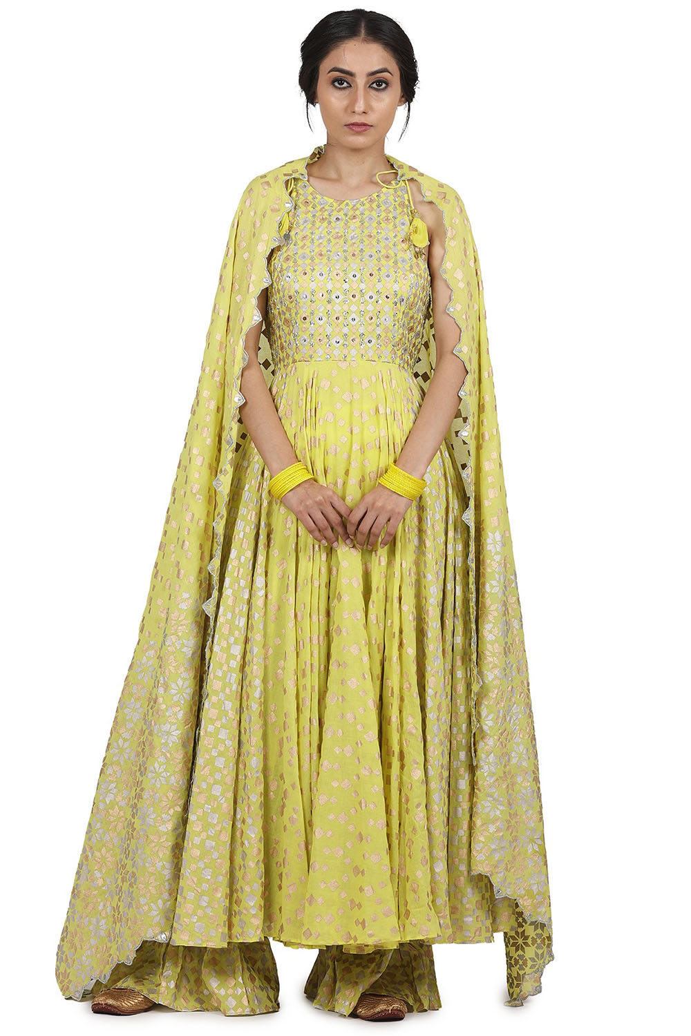 Hand Embroidered Electric Yellow Anarkali Set - Auraya Fashion - Seema Nanda - 