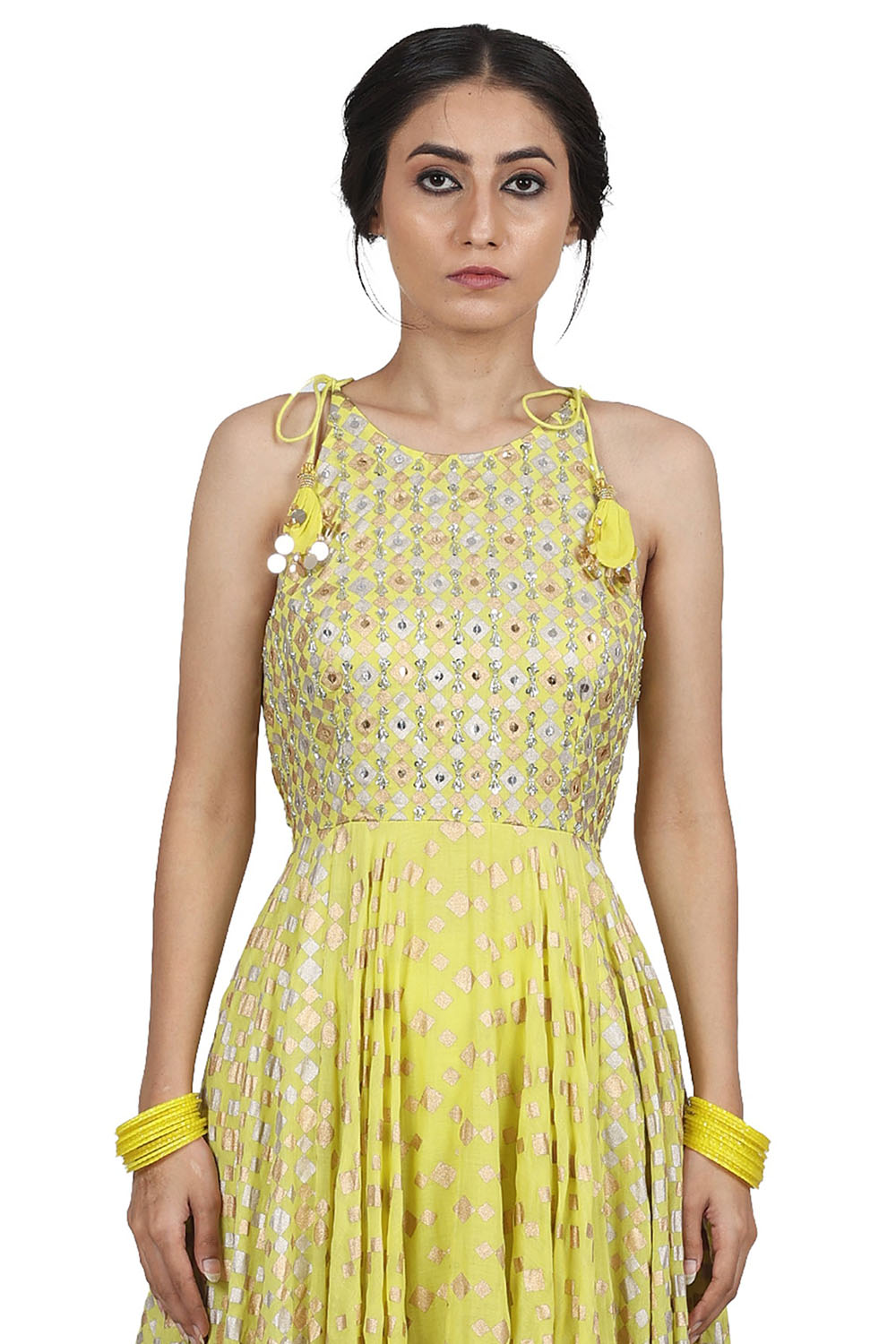 Hand Embroidered Electric Yellow Anarkali Set - Auraya Fashion 