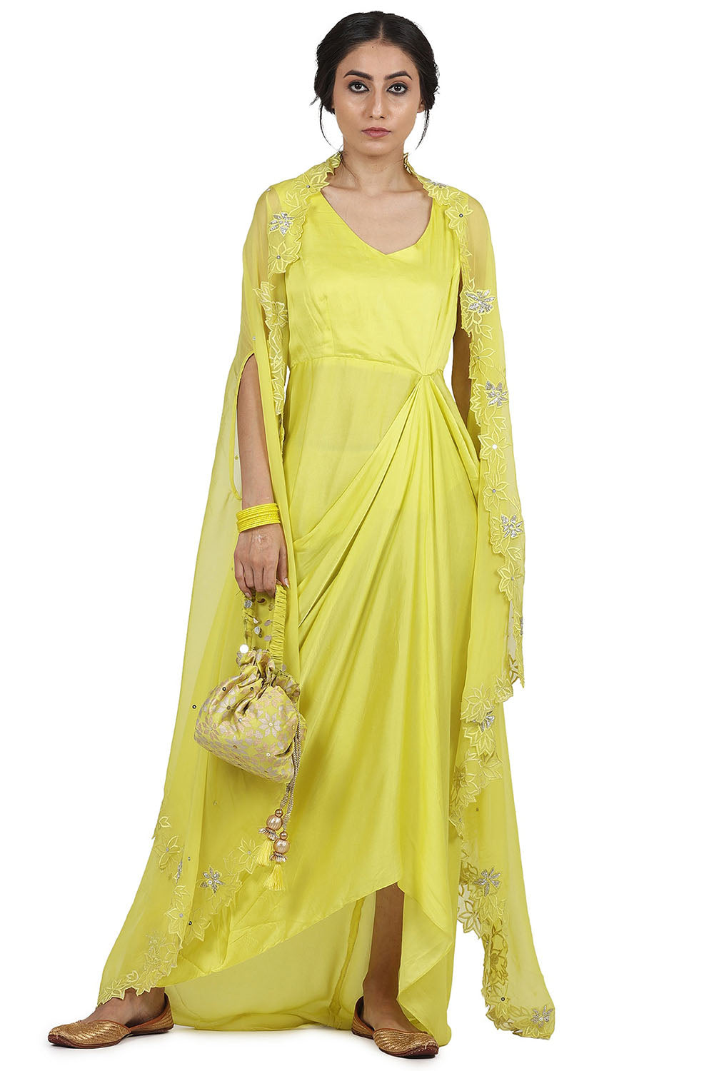 Satin Cape Electric Yellow Dress With - Auraya Fashion - Seema Nanda - 